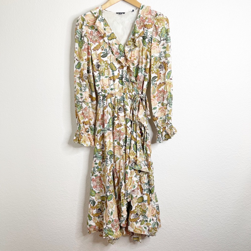 Buffalo David Bitton Floral Wrap Midi Dress Multicolor Ruffle Long Sleeve XS